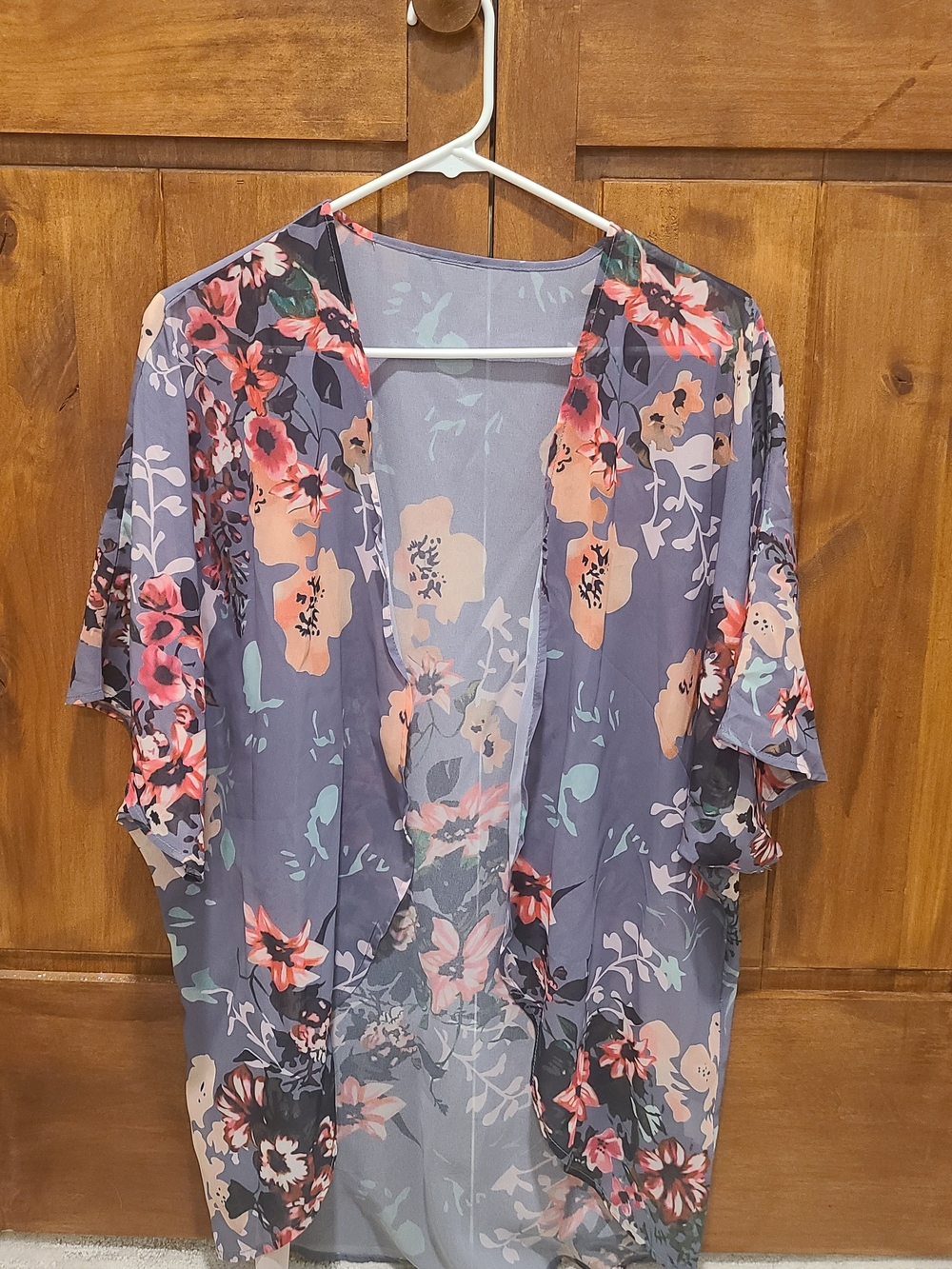 Sheer Floral Open-Front Tunic Kimono in Lavender Blue